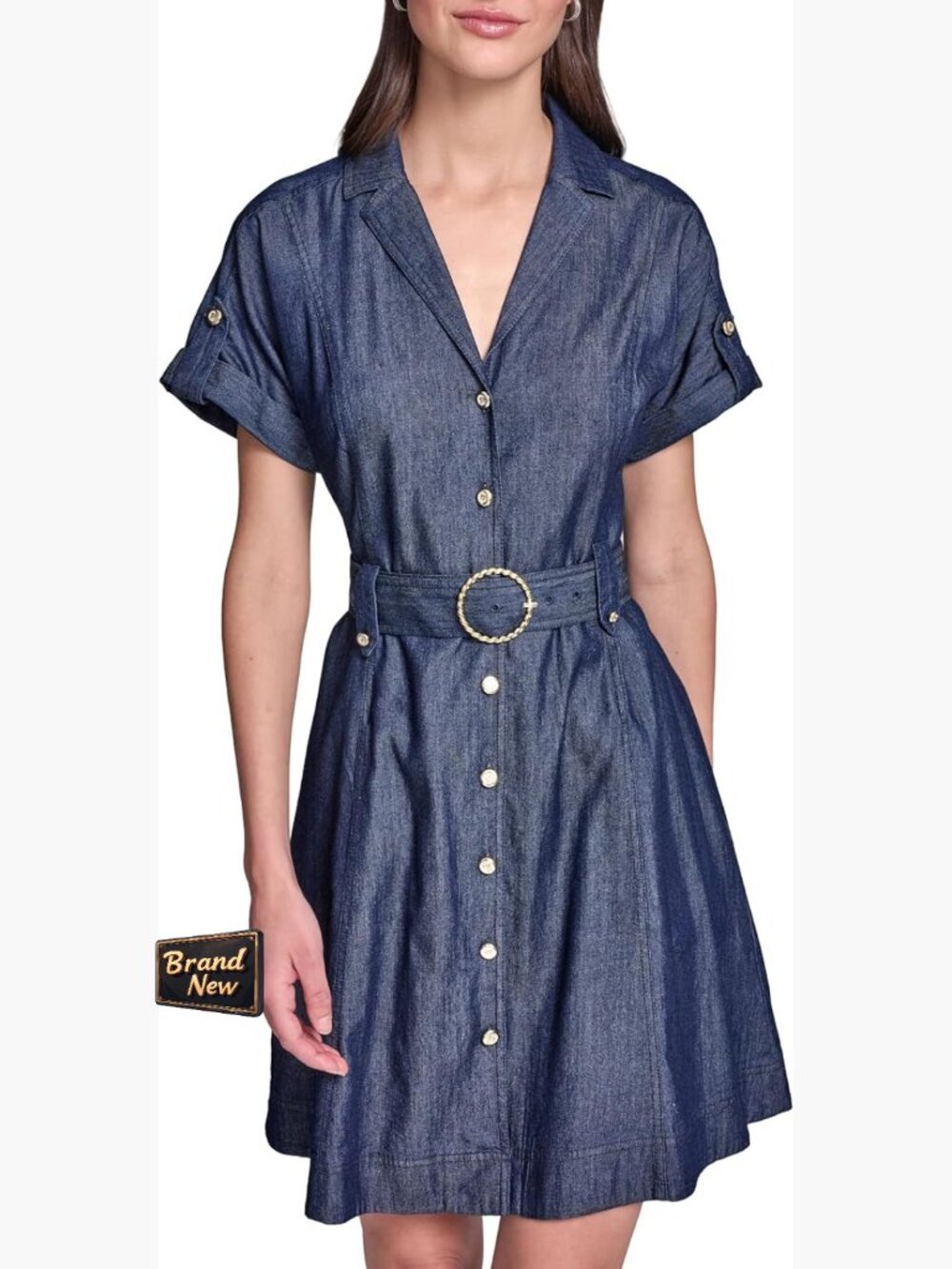 Karl Lagerfeld Short Sleeve Collar Chambray Shirt Dress Fit and Flare Midi